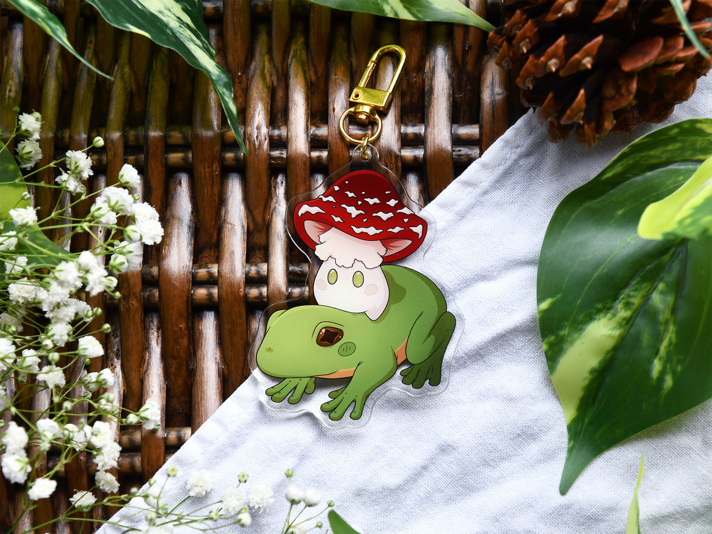 Mushroom Friend on Frog Acrylic Charm