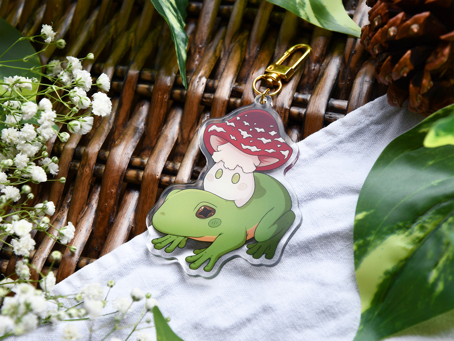 Mushroom Friend on Frog Acrylic Charm